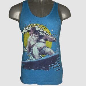 Sumo Surfer Mens sz M Tank Top Shirt Blue Surfing Wrestler Hand Printed LA, CA